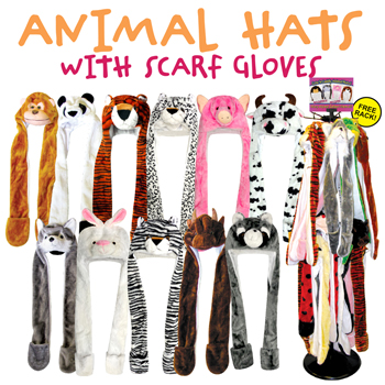 72pc Animal Head Hats With Scarf & Gloves Display Rack