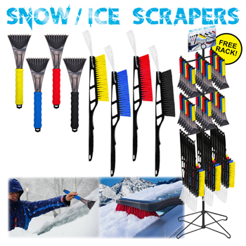 144pc Ice Scrapper & Snow Brushes with Cushion Handle. Assorted colors with display