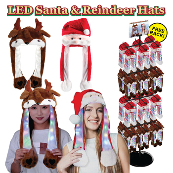 72pc Long Santa & Reindeer Light Up Hat Display