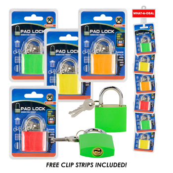 36pcs Padlock 40MM 2 keys Assorted Colors  with 3 clip strips