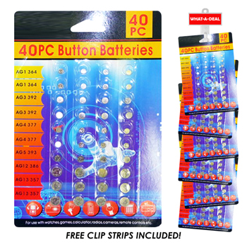 36pcs 40 Pc Button Batteries Assorted Sizes  with 3 clip strips