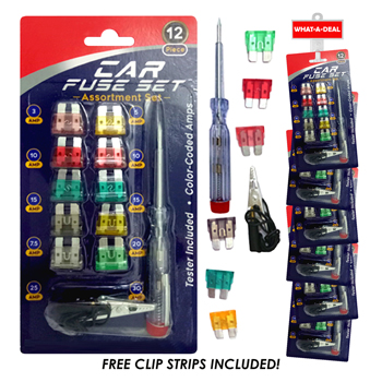 36pcs 12 Pack Auto Fuses and Tester Set  with 3 clip strips