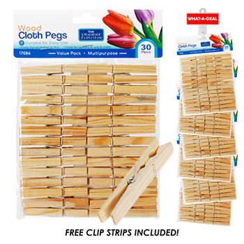 36pcs 30 Pack Wood Clothpins 2.75" each  with 3 clip strips