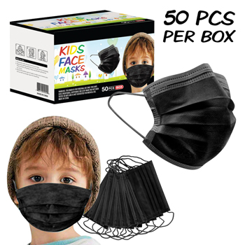 3-Ply Black Kids Face Mask - 50 per Box