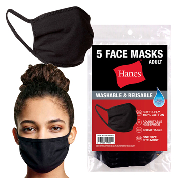 5pk Hanes 3-ply Cotton Face Masks (Black)