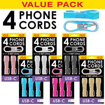 Value Pack Cell Phone Cords for Type-C. 4 pack