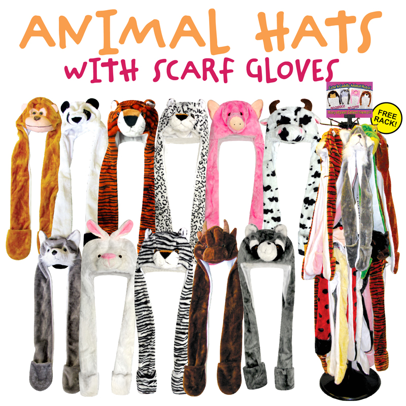 72pc Animal Head Hats With SCARF & Gloves Display Rack