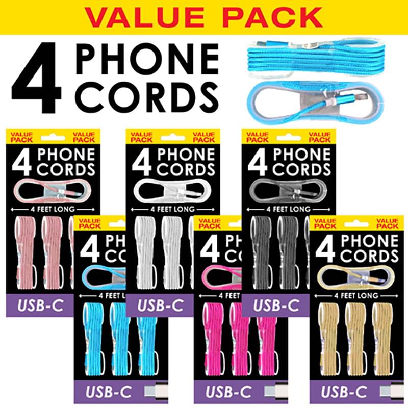 Value Pack CELL PHONE Cords for Type-C. 4 pack