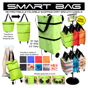 50pc Retractable & Foldable Shopping Cart Bag with Wheels Display