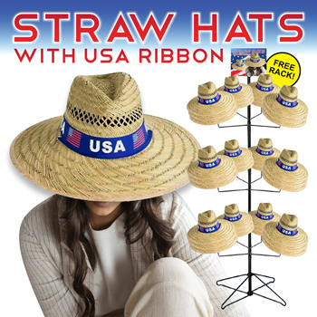 60pc Straw Hats with USA Ribbon Display