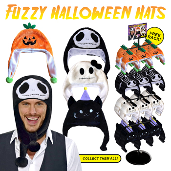 96pc Halloween Fuzzy Hats 4 assorted styles 24 each with spinner display