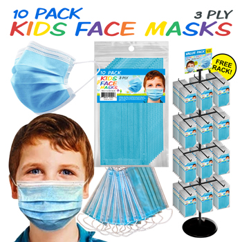 300 Pc Kids 10 Pack 3 Ply Face Mask Display Blue