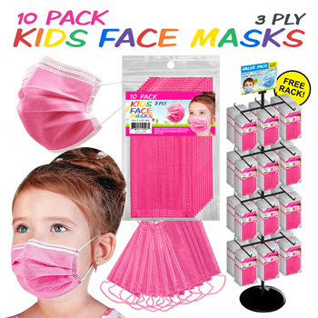 300 Pc Kids 10 Pack 3 Ply Face Mask Display pink