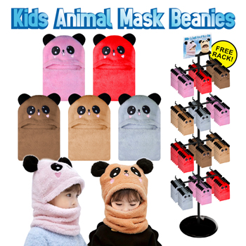 96pc Kids Animal Beanie Face Cover Display