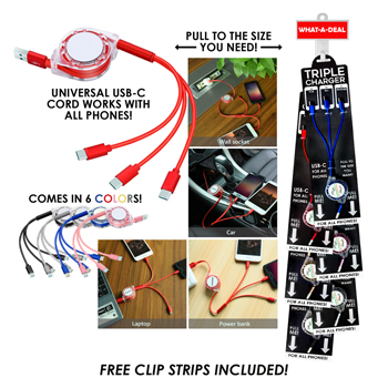 36pc 3-in-1 Triple Pull out Charger Cord Type C with 3 Clip Strip's