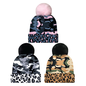 Camouflage Pom Pom Beanies - 3 assorted colors